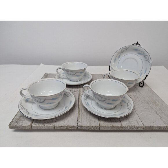 Vintage Valmont Royal Wheat Platinum Trim Set of 4 Saucers Teapcups - Picture 1 of 8